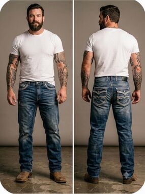 GS-115 Premium Men's Heavy Stitch Flap Pocket Relaxed Jeans Blue Wash  40x27”